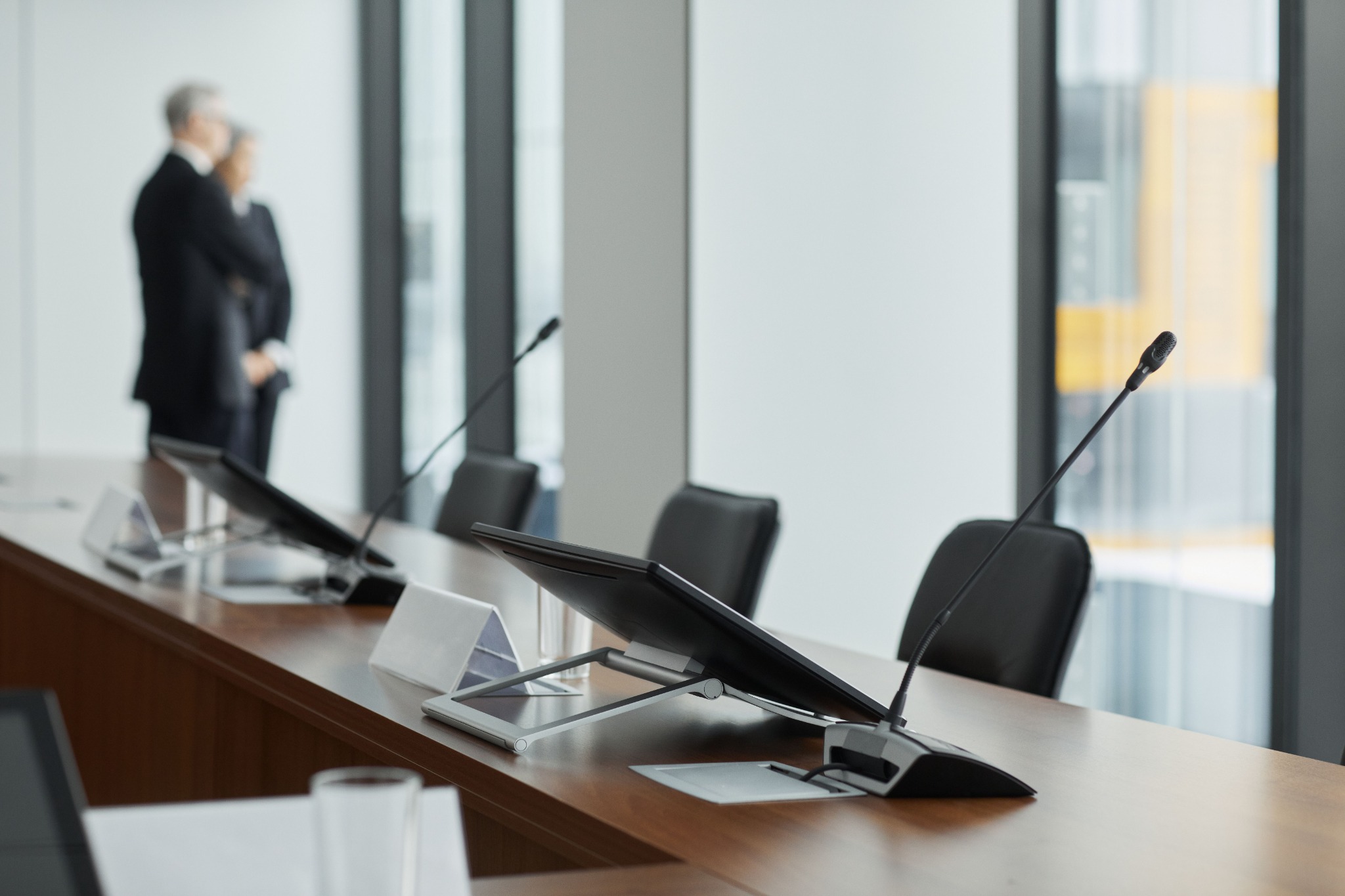 Arbitration hearing room with microphones